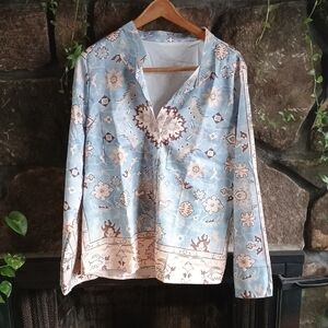 Light Blue Printed V-Neck Women's Blouse